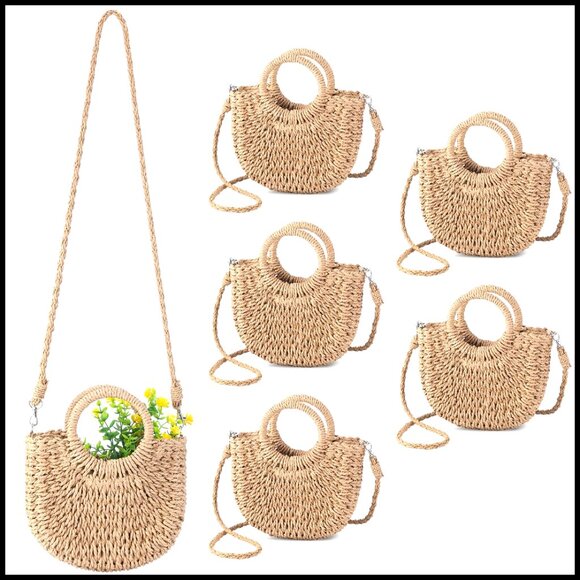 Rattan Straw Tote Bag Boho Chic Semi Circle Shape with Shoulder Strap